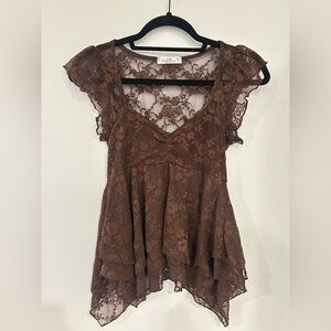 Rebellious Dreamer Brown Lace Open Back Top
